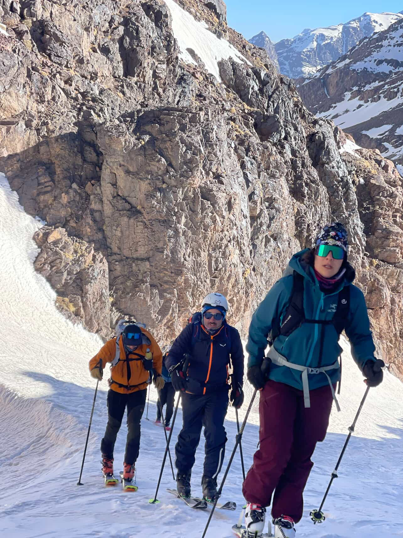  Ski touring in the snowy High Atlas towards Likemt and bougnouan peaks from Tachddirt village, Morocco.